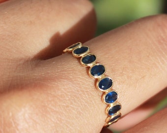 Solid 18K Gold Ring- Natural Blue Sapphire Ring Band- Full Eternity Band- Stackable Ring- Minimalist Ring, Wedding band, Christmas Gift