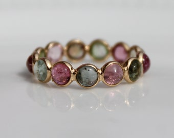 Tourmaline Gold Band, Solid 18K Yellow Gold, Eternity Band, Bezel Setting Stackable Ring, Wedding Band, Watermelon Tourmaline Ring For Gift