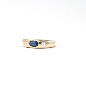 14K Gold Blue Sapphire Signet Ring: Minimalist Real Diamond Band Gift For Him