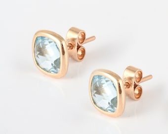 Natural Blue Topaz Gold Studs, Solid 14K Gold Earring, Solitaire Topaz Gold Earring, December Birthstone Earring, Minimalist Dainty Earrings