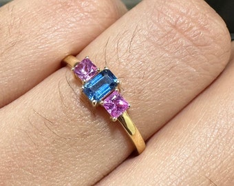 Pink Blue Sapphire 14K Gold Ring, Minimalist Wedding Band