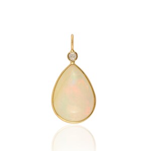 Natural White Opal Necklace, Solid 18K Yellow Gold Pendant, Real Diamond Pendant, October Birthstone Necklace, Minimalist Charm Necklace