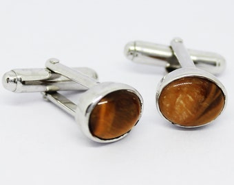 Solid 925 Silver cufflink, Natural Tiger Eye cufflink, June Birthstone cufflink, Oval Tiger Eye Cufflink, Minimalist Dainty Cufflink