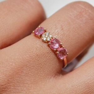 Natural Pink Sapphire Band Ring, Real Diamond Ring, Solid 14K Gold, September Birthstone Ring, Half Eternity Wedding Band, Minimalist Ring