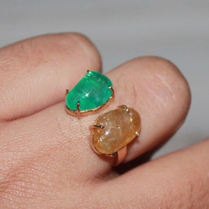 Solid 14K Gold Ring, Natural Emerald Yellow Sapphire Ring, Vintage Birthstone Ring, Adjustable Engagement Ring, Statement Minimalist Ring