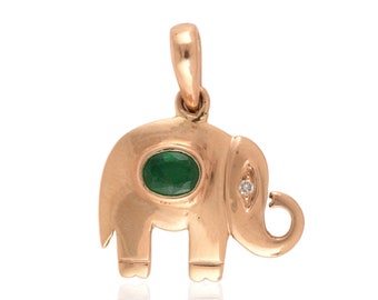 Solid 14K Gold Pendant, Emerald Elephant Pendant, May Birthstone Necklace, Indian Elephant Pendant, Animal Necklace, Minimalist Gold Pendant