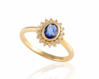 Solid 14K Yellow Gold, Natural Blue Sapphire Ring, Real Diamond Ring, September Birthstone Ring,  Engagement Ring, Minimalist Cluster Ring