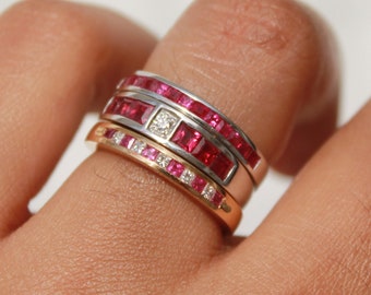 Ruby Eternity Band, 14k Gold Stacking Ring, Diamond Wedding Band