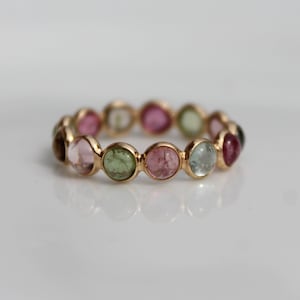 Natural Watermelon Tourmaline Gold Ring, Solid 18K Gold, Full Eternity Ring, Bezel Setting, Stackable Ring, Wedding Band, Gift For Her