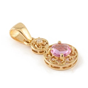 Natural Pink Sapphire Diamond Necklace, Solid 14K Yellow Gold, Real Diamond Necklace, September Birthstone Pendant, Minimalist Charm Pendant