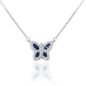 Solid 18K Gold, Blue Sapphire Butterfly Pendant, Natural Sapphire Diamond Necklace Pendant, April Birthstone, Minimalist Pendant Necklace