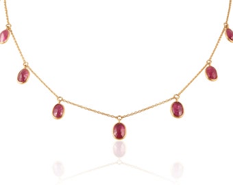 Natuurlijke robijnrode gouden ketting, massieve 18 kt gouden ketting, ovale robijnrode gouden halslijn, geboortesteen juli geboortesteen, minimalistische solitaireketting