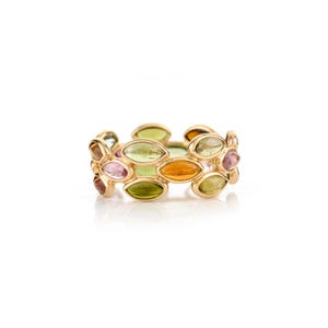 Watermelon Tourmaline Gold Band, Solid 18K Gold, Full Eternity Ring, Bezel Setting Double Line Ring  Wedding Band, Mother&#39;s Day Gift
