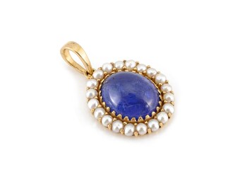18K Gold Tanzanite Pendant Necklace, Pearl Halo, December Birthstone