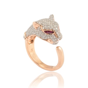 18K Solid Rose Gold, Real Diamond Ring, Natural Ruby Ring, Statement Open Ring, Panther Leopard Ring, Animal Ring, Minimalist Statement Ring