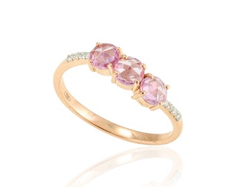Natural Pink Sapphire Ring, Solid 18K Rose Gold, Real Diamond Ring, September Birthstone, Stackable Ring, Minimalist Ring, Gift For Her