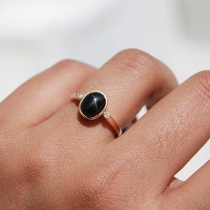 Black Star Diopside Gold Ring, Solid 14K Solid Gold, March Birthstone, Diamond Ring, Minimalist Statement Ring, Black Star Ring Gift For Her