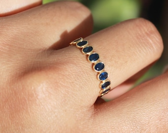 Blue Sapphire Eternity Ring, Solid 18K Gold Band Ring, Sapphire Stackable women&#39;s Ring, Anniversary Minimalist Ring, Gift for her full band