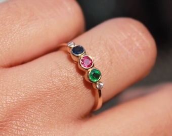 14K Gold Multi Gemstone Ring, Emerald, Ruby, Sapphire, Diamond