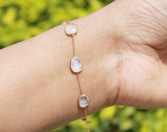 Natural Rainbow Moonstone Bracelet, Solid 18K Gold, June Birthstone, Chain Bracelet, Minimalist Bracelet, Tennis Bracelet, Christmas Gift