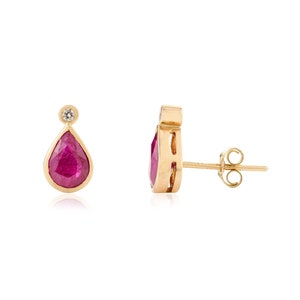 Natural Ruby Stud, Solid 14K Gold Earring, Red Ruby Gold Earring, July Birthstone Earring, Dainty Statement Earring, Tiny Gold Earring