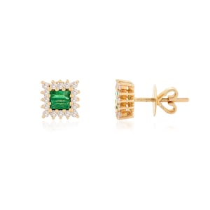 Natural Baguette Emerald Stud, Solid 14K Gold Earring, Real Diamond Cluster Earrings, May Birthstone, Minimalist Earring, Christmas Gift