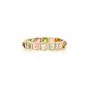 Tourmaline Gold Band, 18K/14K Yellow Gold, Eternity Band, Bezel Setting Stackable Ring, Wedding Band, Watermelon Tourmaline Ring For Gift