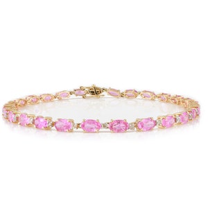 Pink Sapphire Diamond Gold Bracelet, Solid 14K Gold Bracelet, Tennis Sapphire Bracelet, September Birthstone, Stack Bracelet, Christmas Gift