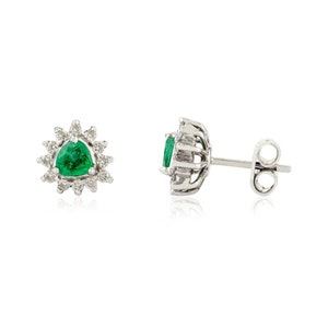 Orecchini a perno con diamanti e smeraldo naturale a forma di pera, orecchini in oro massiccio 14 carati, orecchini a grappolo con diamanti veri, orecchini con pietra portafortuna di maggio, orecchini a perno con chiusura a pressione
