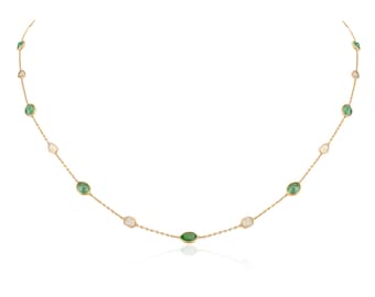 Natürliche Smaragd Diamant Station Halskette, Massives 18K Gold, Station Halskette Smaragd, Kettenhalskette, Layering Halskette,
