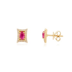 Natural Oval Ruby Stud, Solid 18K Yellow Gold Stud, July Birthstone, Real Diamond Earring, Push Back Stud, Minimalist Earrings, Gift For Her