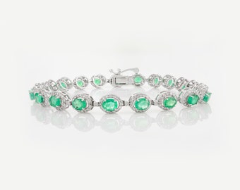 Natural Emerald Diamond 14K White Gold Bracelet, May Birthstone