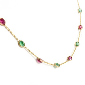 Solid 18K Gold Necklace, Birthstone Necklace, Natural Multi Gemstone Necklace, Rainbow Necklace, minimalist Necklace, Stackable Necklace