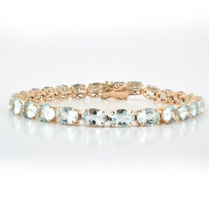 Tennis Aquamarine Gold Bracelet, Solid 14K Gold Bracelet, Natural Aquamarine Bracelet, October Birthstone Bracelet, Minimalist Link Bracelet
