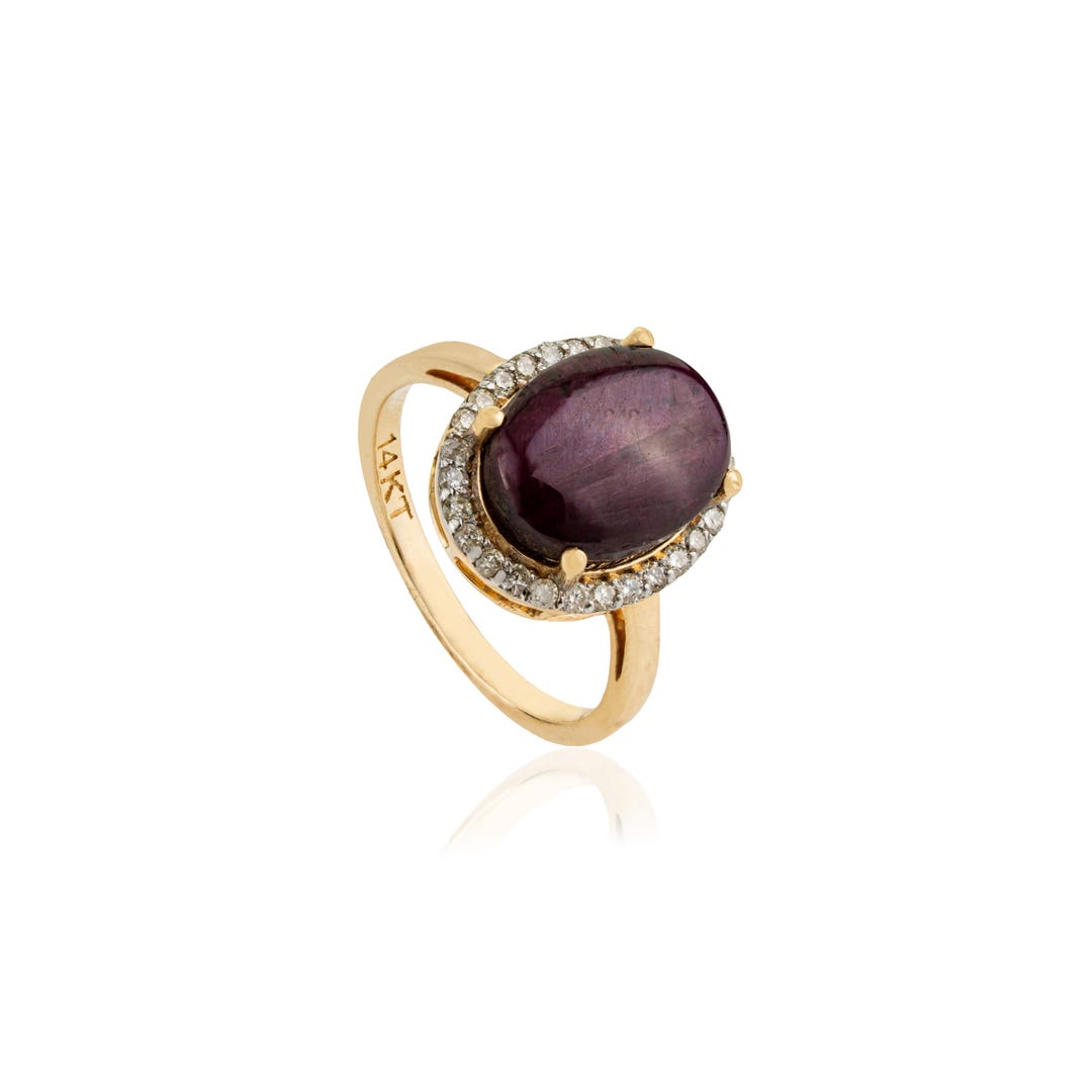 Oval Star Ruby Diamond Ring, 14K Gold Halo Engagement Ring, July ...