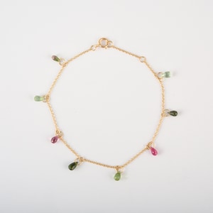 Natural Multi Tourmaline Bracelet, Solid 18K Gold Bracelet, October Birthstone, Minimalist Bracelet, Briolette Tourmaline Chain Bracelet