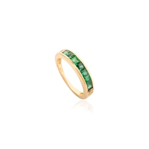 Jonc en or avec diamants émeraude naturelle, or massif 14 carats, pierre de naissance en mai, demi-anneau d&#39;éternité, bague superposable, jonc de mariage en or, cadeau bijoux pour femme