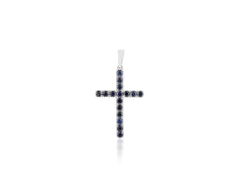 Ciondolo in oro con croce di zaffiro, oro bianco massiccio 18k, pietra portafortuna di settembre, collana con croce di zaffiro blu, gioielli con croce cristiana, regalo da donna