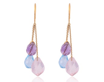 Multi Gemstone Earrings, Solid 18k Gold Earrings, Natural Amethyst Rose Quartz Blue Topaz Earrings, Dangle Drop Earring, Minimalist Earrings
