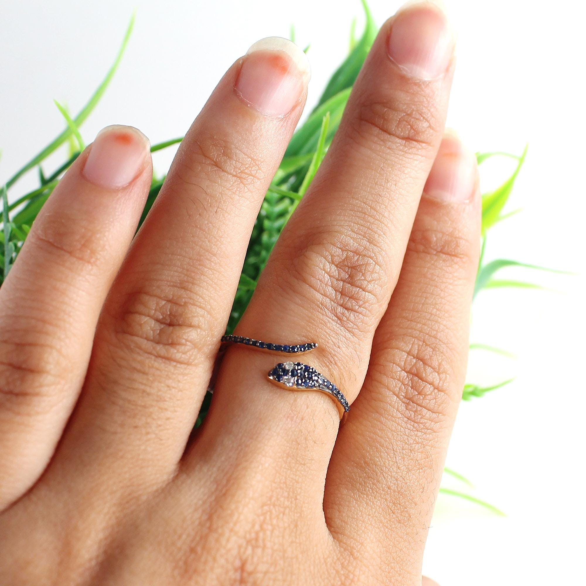 Blue Sapphire Snake Ring, Solid 14K Yellow Gold Serpent Band - Etsy