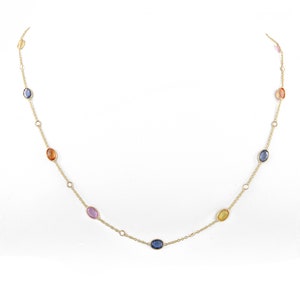 Natural Multi Sapphire Chain Necklace, Solid 18K Gold Necklace, Diamond Necklace,Colorful Stone Necklace, Birthstone Necklace, Rainbow Chain