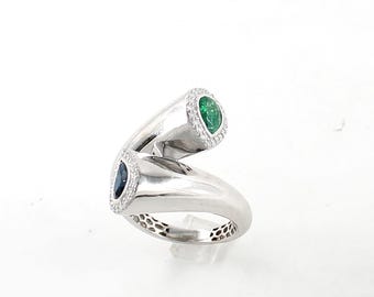 Anillo Toi et Moi, anillo de zafiro azul esmeralda natural y diamantes, anillo tipo bypass, oro blanco de 18 quilates, anillo llamativo, anillo minimalista, regalo para ella.