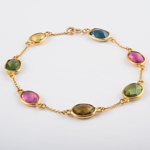 Multi Tourmaline Bracelet, Solid 18K Gold Bracelet, October Birthstone Bracelet, Minimalist Bracelet, Chain Link Bracelet, Gift For Her