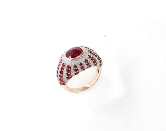 Natuurlijke robijnrode diamanten gouden ring, massief 18K roségoud, geboortesteen juli, zegelring, minimalistische ring, statementring, cadeau voor haar