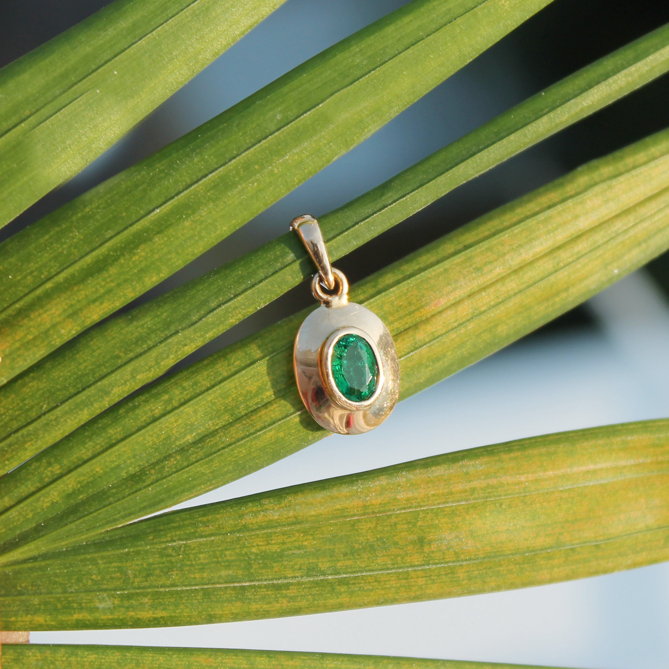 14K yellow Gold emerald Pendant Emerald necklace Dainty | Etsy