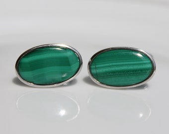 Natural Malachite Cufflinks, Solid 925 Sterling Silver, Malachite Silver Cufflinks, Minimalist Cufflink, Men's Cuff links, Christmas Gift