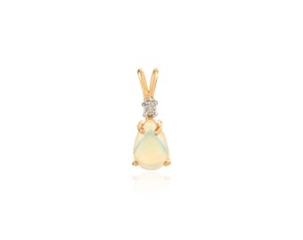 Tear Drop Fire Opal Pendant, Solid 14K Yellow Gold, Diamond Accent