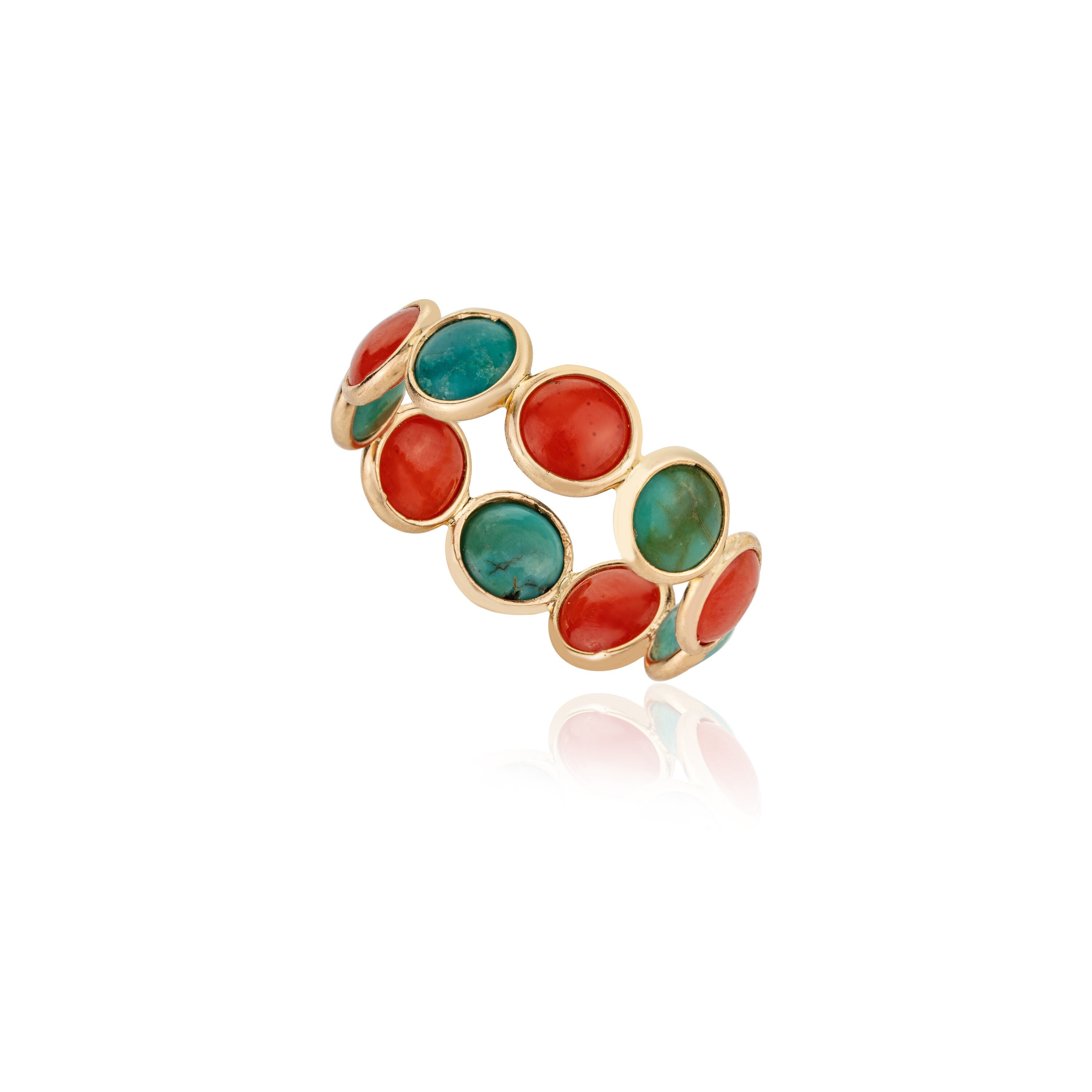 Solid 18K Yellow Gold Ring, Natural Turquoise Coral Band, Eternity Band, Stackable Ring, Minimalist Ring, Wedding Band, Father's Day Gift