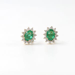 Natural Oval Emerald Diamond Stud, Solid 14K Gold Earring, May Birthstone, Minimalist Earring, Prong Setting Earrings Stud, Gift For Her