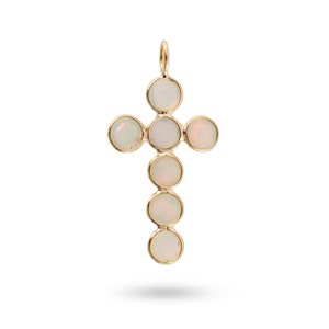 Natural Opal Cross Gold Pendant ,Solid 18K Yellow Gold, October Birthstone Necklace, Dainty Pendant, Christmas Gifts, Fire Opal Necklace